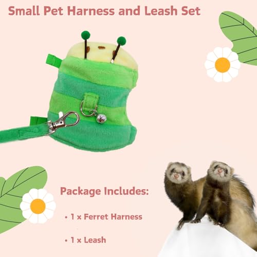 Ferret Harness and Leash Set - Small Animal Soft Fleece Vest with Safe Bell Halloween Outfit Adjustable Traction Rope Outdoor Walking Training Leash for Ferret Rat Bearded Dragon Kitten (Green) - color: Green