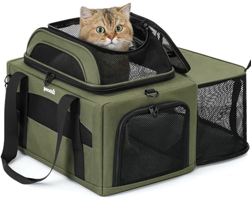 Pecute Top Expandable Airline Approved Pet Carrier for Cats, Dark Gray | Top side expandable, breathable scratch-resistant mesh, leakproof pee pad, locking zippers, foldable travel bag under 11lbs. - color: Olive Green