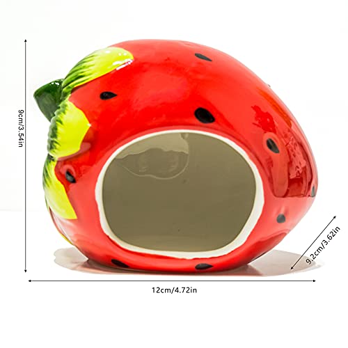 Besimple Hamster Hideout, Small Animal Hideout Ceramic Pet House, Adorable Shape Hamster House Cave Mini Hut Cage Critter Bath House for Chinchilla(Strawberry)