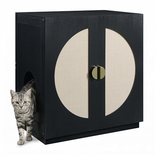 unipaws Tall Cat Litter Box Enclosure for Tall or Top Entry Litter Box | Hidden Litter Box Cover with Shelves, Kitty Enclosed Litter Box Cabinet, Cat Box Furniture - color: Black