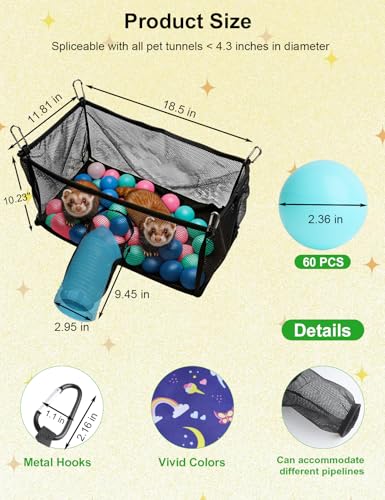 Ferret Ball Pit with 50 Pack Balls for Ferret Cage - Ferret Hammock for Cage Compatible with Tunnel System (Included 50 Pcs Ferret Toys Balls)