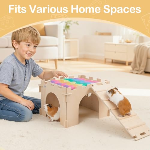 Unicorn Catcher 1 Pack Wooden Guinea Pig Hideout House with Stairs & Mats | Wooden Bunny Castle Hideout With Stairs And Soft Mats Perfect For Ferrets Chinchillas And Small Animals In Cages - size: 1 House