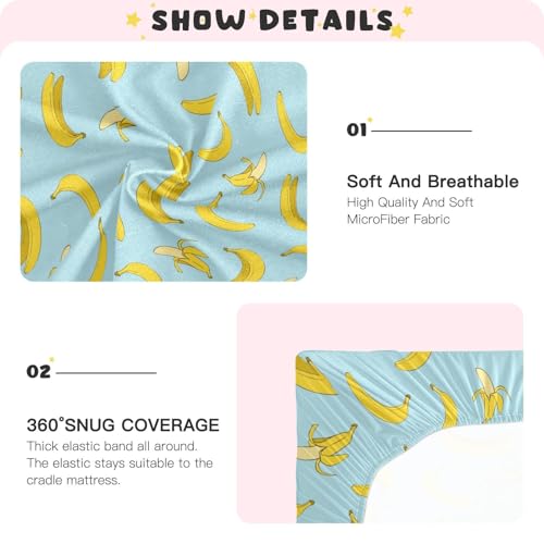 Banana Print Baby Crib Sheets for Boys Girls 27x39 Inch | Cartoon Delicious Tropical Fruit Playard Sheets Toddler Bed Sheets Yellow and Blue Fitted Unisex Mini Crib Mattress Cover - color: Blue, size: 39*27*5 In
