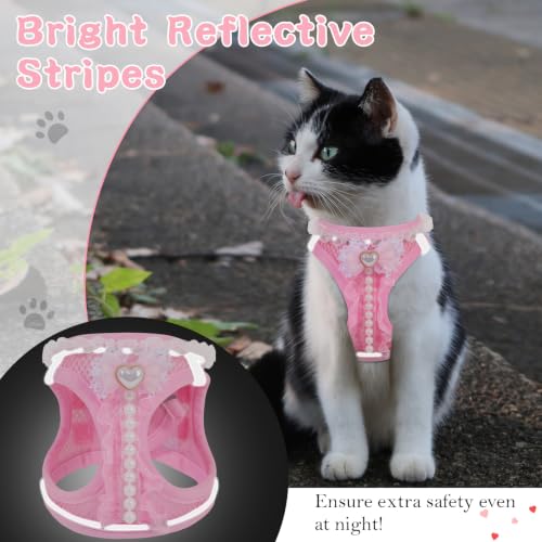 Cat Harness and Leash Set Escape Proof Walk Harness for Cats Pink XS | Cute Pearls Lace Bow,Safe Reflective Strips,Breathable Soft Mesh,No Stress,Easy Wear,Adjustable Velcro,Nylon Leash,for Bunny - size: XS