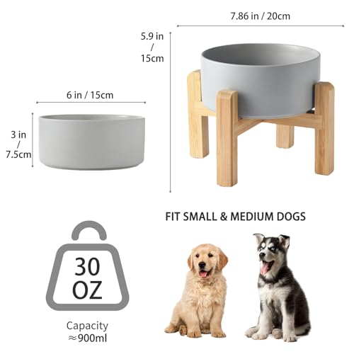 6'' Ceramic Raised Dog Bowl - 30Oz Dog Food & Water Bowl with Elevated Non-Slip Bamboo Stand, Dishwasher & Microwave Safe, Anti Vomiting Heavy Duty Pet Bowl for Small and Medium Dogs, Grey - color: 1 x Bowl + Stand - Grey, size: 6 inch