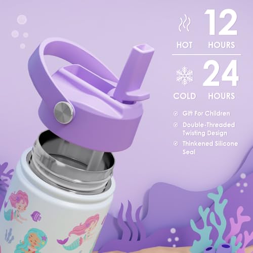 SANDJEST Mermaid Kids Water Bottle With Straw Lid 12oz Insulated Stainless Steel, Travel Tumbler, Gifts For Girls, Birthday, Christmas, Back To School - color: Mermaid 2