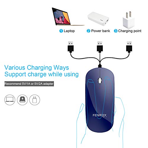 FENIFOX Wireless Bluetooth Mouse, Slim Travel Silent Rechargeable Blue | Flat, Portable, Whisper Quiet, 3 Buttons Design , 2400 DPI Precision for iPad Laptop MacBook Tablet iPhone - color: Blue