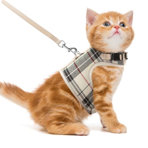PUPTECK Soft Mesh Cat Vest Harness and Leash Set Puppy Padded Pet Harnesses Escape Proof for Cats Small Dogs Rabbits Bunny, Plaid Beige, M - color: Beige(Plaid), size: M(NECK 7", CHEST 10.5", 4-6 lbs)