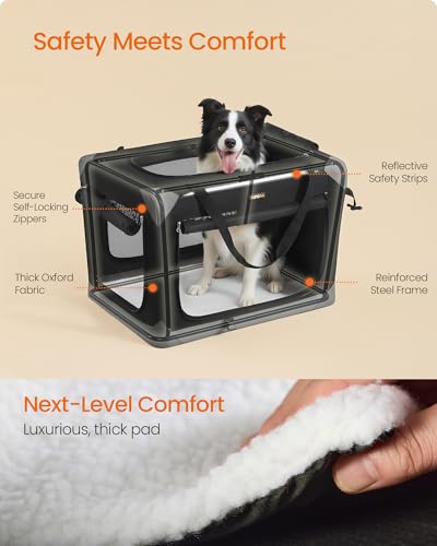 Feandrea Collapsible Dog Crate, Portable Oxford Fabric Pet Travel Crate with 4 Mesh Doors, Handles, Pocket, 30 Inches, for Medium Dogs, Ink Black and Dove Gray UPDC027BH01 - size: L (30"L x 21"W x 21"H)