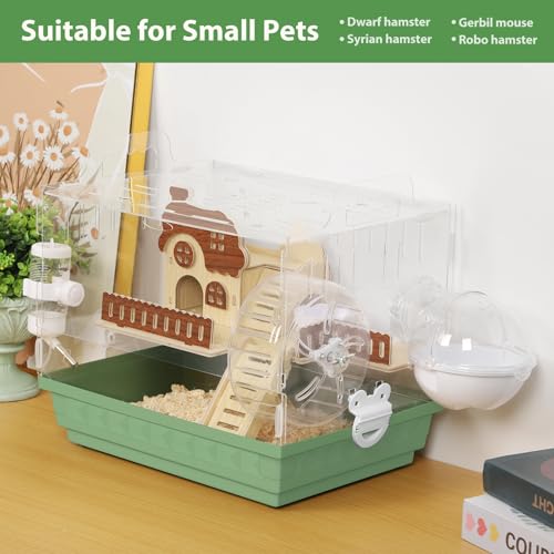 Acrylic Hamster Cage 2-Tier Dwarf Hamster Cage Small Hamster Habitats with Accessories Kit, Clear Hamster Enclosure for Gerbils Syrian Hamster, Green Pet Mice House, 13.3" L x 10.2" W x 12.4" H - color: Green, size: 13.3"L x 10.2"W x 12.4"H