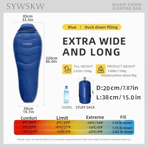 Down Sleeping Bag with Pillow for Backpacking,15℉ 5℉ 0℉ Wide Down Sleeping Bag (86.6 in x 33.5 in) for Adults,Youth Camping and Hiking Outdoor with 680FP Duck Down - color: Blue (1200g filling down)