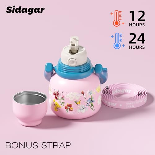 22 oz Leakproof Insulated Water Bottle with Handle Dual Lid Flowers | 316L Stainless Steel | Dual Drinking Options | BPA-Free | Steel | Cold 24H & Hot 12H | Wide Mouth Design | Easy Cleaning - color: Floral pink