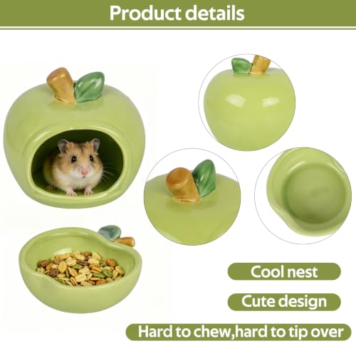 Ceramic Hamster Hideout & Food Bowl Set, Green | Apple-Shaped, Chew-Proof Sleeping Cave, Cooling Shelter Function, 2.9-inch Entrance, For Syrian Dwarf Hamsters, Mice - color: Green