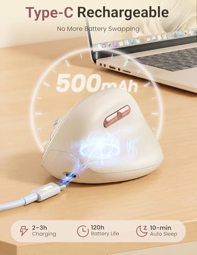 Ergonomic Vertical Wireless Mouse, 57°, Small/Medium Hands, Beige | Rechargeable, Quiet Click, 800/1200/1600 DPI, 2.4GHz USB Receiver, Forward/Back Buttons, Computer Mouse for Laptop PC Mac - color: Beige