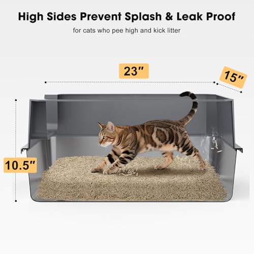 FURTIME Stainless Steel Cat Litter Box, Extra Large Cats Metal Litter Box | High-Sided Open-Top Easy-Clean Litter Pan, Non-Stick, Anti-Leakage, Odor-Free, Comes with Scoop & Mat, 23"×15"×10.5" - color: Grey, size: Large