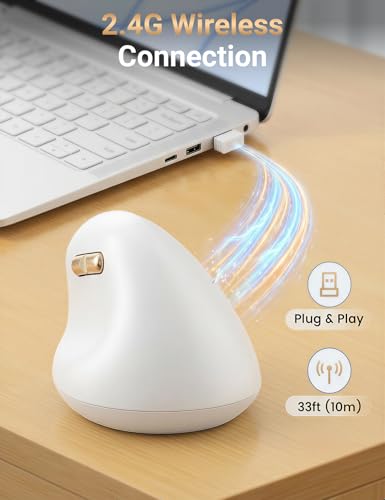 Ergonomic Vertical Wireless Mouse, 57°, Small/Medium Hands, White | Rechargeable, Quiet Click, 800/1200/1600 DPI, 2.4GHz USB Receiver, Forward/Back Buttons, Computer Mouse for Laptop PC Mac - color: White