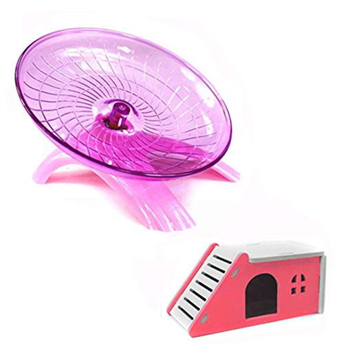 Hamster House Wood Bridge Climb Kit Exercise Wheel Jogging Running Silent Spinner Flying Saucer Pet Toys for Rat Gerbil Guinea Pig Chipmunk Mouse Small Animals - color: pink
