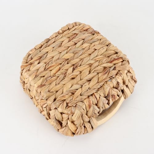 Square Small Water Hyacinth Wicker Basket for Organizing | Decor Woven Storage with Wooden Handles, Perfect for Shelves, Snack, Countertops or as Gift Basket