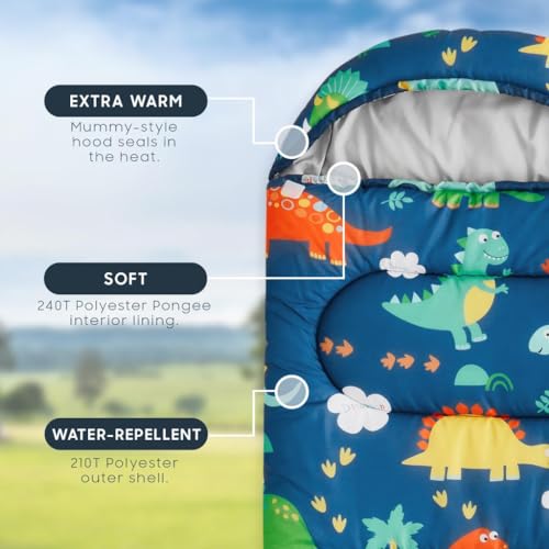 Wake In Cloud - Kids Sleeping Bag for Boys Toddlers, Camping in Warm Cold Weather, Backpacking Lightweight Compact Outdoor Liner for 3 Seasons, Cartoon Jurassic Dinosaur - color: Navy Blue