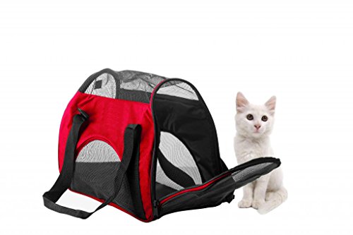 ZAMPA Soft Side Pet Travel Carrier TSA Approved, Under Seat Compatibility, airline approved for Large Cats, Medium Puppys, Small Dogs, 2 Openings, W/Shoulder Strap. - color: Red, size: 17.7"L x 12.4"W x 1.9"H