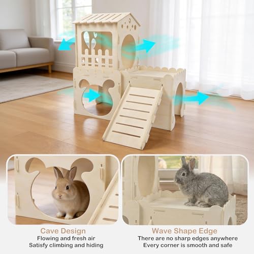 Extra Large Rabbit Castle, Wooden Bunny House &,Detachable Rabbit Hideaway, Indoor Hamster Castle with Ramp, Small Animal Houses & Habitats for Guinea Pig Chinchilla Ferret(3 House) - size: Extra Large-3House