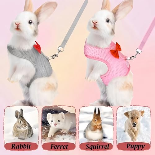 2 Pack Adjustable Bunny Rabbit Harness and Leash Set Breathable Mesh Vest Harness for Rabbits Kitten Ferret Puppy Small Pets Walking Supplies-Grey&Pink,L