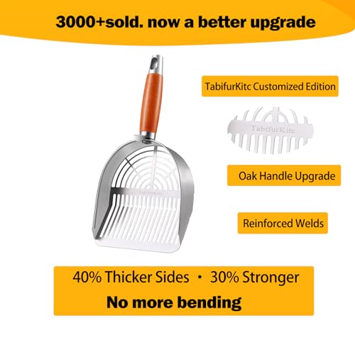 Custom 40% Thicker Side Edges 304 Stainless Steel Metal Cat Litter Scoop with Holder Stand Small Broom & Dustpan - Durable, Anti-Break Handle