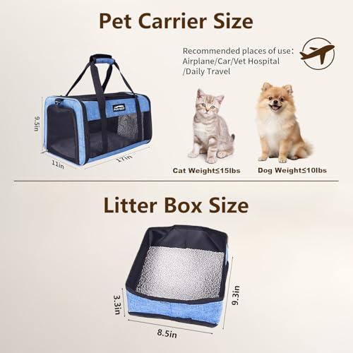 Pet Carrier Airline Approved, Soft Sided Cat Carrier for Small Pets up to 13 lbs, TSA Approved Dog Travel Bag, Portable Soft Sided Pet Carrier for Kittens and Puppies (Blue, Travel Litter Box) - color: Blue