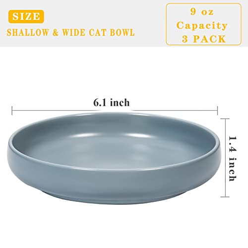Ceramic Cat Bowls,Shallow Cat Dishes for Food and Water, 6 inch Matte Finish Wide Cat Food Bowl,Whisker Fatigue Free Pet Puppy Kitten Bowl Set of 3,Dishwasher Safe - color: Bluish grey-3pack