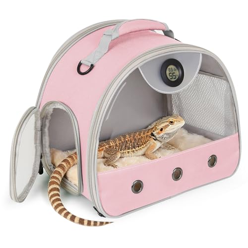 Bearded Dragon Carrier, Reptile Travel Bag with Built-in Thermometer Hygrometer, Breathable Small Animal Carrier with Clear View Window, Portable Guinea Pig Carrier for Gecko, Snake, Hamster - color: Pink