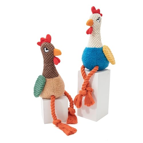Plush Chicken Dog Toy with Squeaker and Rope Legs for Small Dogs | Soft fabric design with fun sound effects, perfect for tug games, fetching, indoor activities and daily bonding with pets - color: Brown Rooster