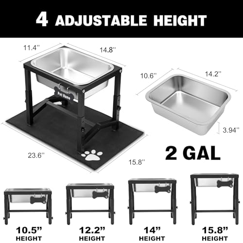 2 Gallon Elevated Large Dog Water Bowl, 4 Adjustable Height 10.5-15.8'' Raised Stainless Steel Bowl Stand with Anti-Slip Mat for Large Breed, Metal Dog Feeding Station for Relief Joint Pressure - size: 2 gallon