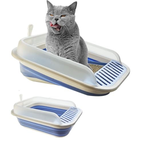Low Entry Kitten Litter Box Collapsible Shallow Litter Box | Senior Cats Anti-Splashing Kitty Training Open Potty Pan Scoop Leak-proof pedal Cat Toilet No Smell Easy Clean - color: Blue, size: Large