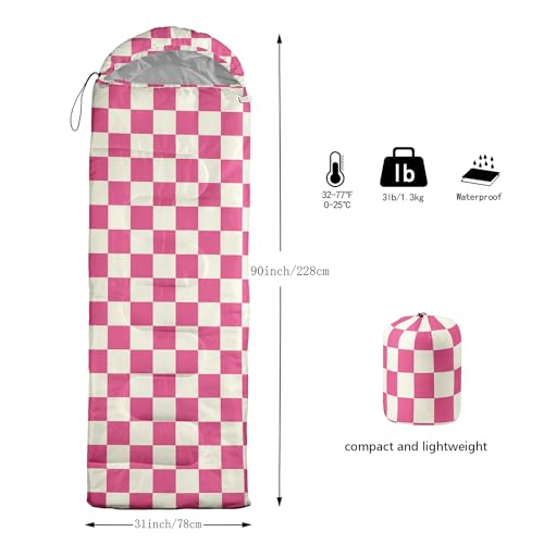 Sleeping Bags for Adults and Kids Backpacking Camping Sleeping Bags for Girls and Boys Lightweight Waterproof Cold/Warm Sleeping Bag for All Season - color: Pink and White Check