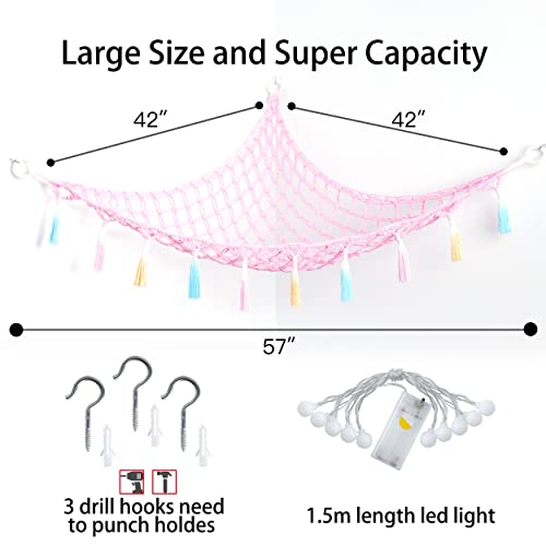 Stuffed Animal Net or Hammock with Light,Yewiwin Macrame Hanging Net Hammock for Stuffed Animal Toy Storage Organizer Boho Decor Room Holder for Nursery Play Room Bedroom (Pink) - color: Pink(42"*42"*57")