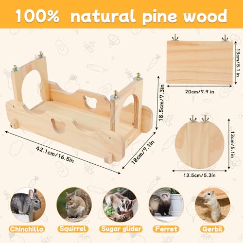 BWOGUE Chinchilla Suspension Bridge & Ledges, Chinchilla Cage Accessories | Chinchilla Wooden Ledges, Chinchilla Shelves, 1 Bridge & 6 Platforms, Natural Pine, Screw-Mounted Design, Climbing & Resting