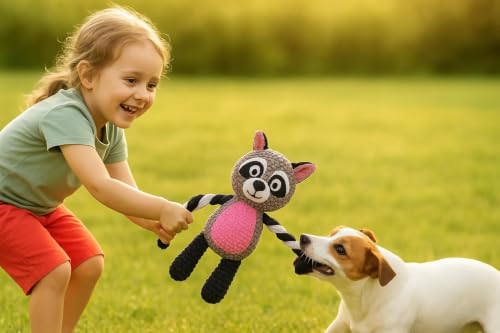 Raccoon Plush Dog Toy with Squeaker, Crinkle Paper & Rope for Small Dogs | Cute raccoon design with soft plush texture, squeaky sound and crinkle paper to encourage interactive indoor play. - color: Raccoon