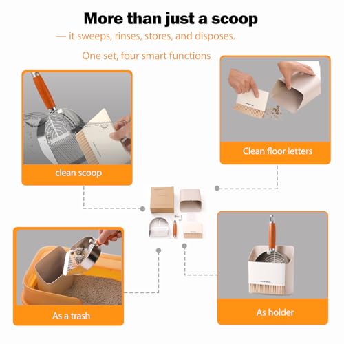 Custom 40% Thicker Side Edges 304 Stainless Steel Metal Cat Litter Scoop with Holder Stand Small Broom & Dustpan - Durable, Anti-Break Handle