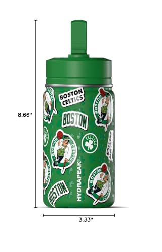 Hydrapeak NBA Officially Licensed Boston Celtics Mini 14oz Kids Stainless Steel Water Bottle with Straw Lid & Flexible Handle, Double Wall Insulated, Spill Proof, Perfect for Back to School - color: Boston Celtics