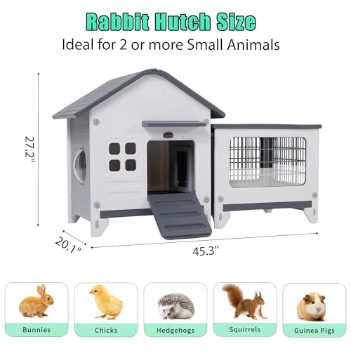 Rabbit Hutch Indoor & Outdoor with Extended Play Area, Plastic Rabbit Hutch with Sloped Roof Drainage, Panoramic Windows, Urine Barrier & Pull-Out Tray, Rabbit Cage with Run Easy to Clean and Assemble - size: 45"L*20"W*27"H