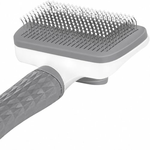 Generic Pet Grooming Brush, Gray - Self Cleaning Dematting Comb for Cats and Dogs, Bristles with Massage Particles, Ergonomic Handle Design, Easy to Use, for Long or Short Hair Breeds, Stainless Steel - color: Gray