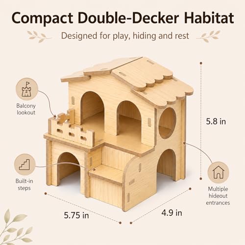 Wooden Hamster House, 2-Story Hideout with Steps and Balcony | Two-level wooden hideout and maze with rooms, steps and balcony for Syrian and dwarf hamsters, gerbils and mice