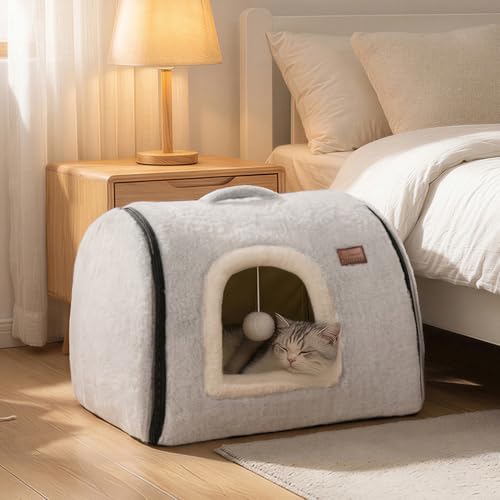 cat Bed cave-cat beds for Indoor Cats,Soft and Comfortable,Cute cat House,with Removable Washable Cushioned Pillow,Enclosed cat Bed,Kitty pet hut、Hideaway,Small Dog Tent,Grey - color: Gray, size: M:(17.7"×14.9"×14.9")