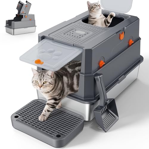 FURTIME Stainless Steel Litter Box with Lid, Enclosed Metal Cat Litter Box | XL Extra Large, Cat Box with High Sided Enclosure & Scoop, Big Cats, Front & Top Entry, Odor Free, Anti-Leakage, Grey - color: Grey, size: X-large
