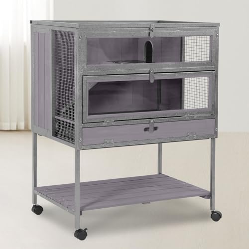 GUTINNEEN Guinea Pig Cage for Small Animals, Hamster Cage with Metal Iron Frame & Chew-Proof Aluminum Edges, 2-Story Small Animal Cage with Leak-Proof Tray, Hideout, and Storage Shelf, Black - color: Black and Gray