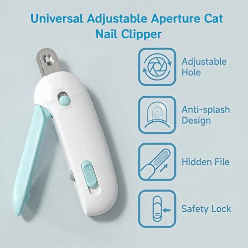 Adjustable Cat Nail Clippers with Safety Guard & Hidden File, Splash-Proof Trimmer for Kittens & Indoor Cats, Painless Blue Claw Scissors