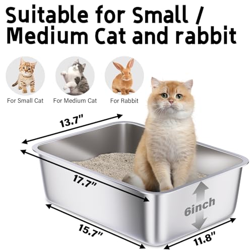 Stainless Steel Litter Box 2 Pack, Metal Cat Litter Box | 18"x14"x6", Easy to Clean, Never Absorb Odor, Non Stick Steel Litterbox for Small to Medium Cats - size: 2 Pack-Medium (17.7"×13.7"×6")