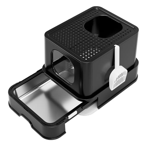 RIZZARI Stainless Steel Cat Litter: Covered, Top-Front Entry, Easy Clean | High Splash Sides / Leak-Proof Seal / Non-Stick Coating / Odor Control / Sifting Drawer / Garage-Bathroom Fit - color: Deep Black