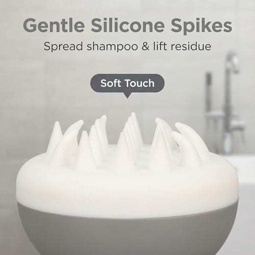 Dog Bath Brush, Gray Silicone Scrubber with Soft Spikes and Loop Handle for Shampooing, Compact Round Grooming Tool for Tub Sink or Shower Use