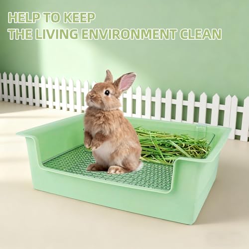 Rabbit Litter Box with Steel Grids, Low Entry Bunny Litter Pan with Hay Feeder & Broom, 15.4x11.2x4.7 inch for Rabbits Guinea Pigs Ferrets Small Animals (Green)